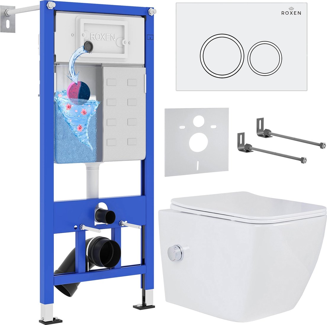 

Унитаз подвесной Roxen Cube Bidet One Rimless 6 в 1 StounFix Dual Fresh 506235 (кнопка: белый глянец)