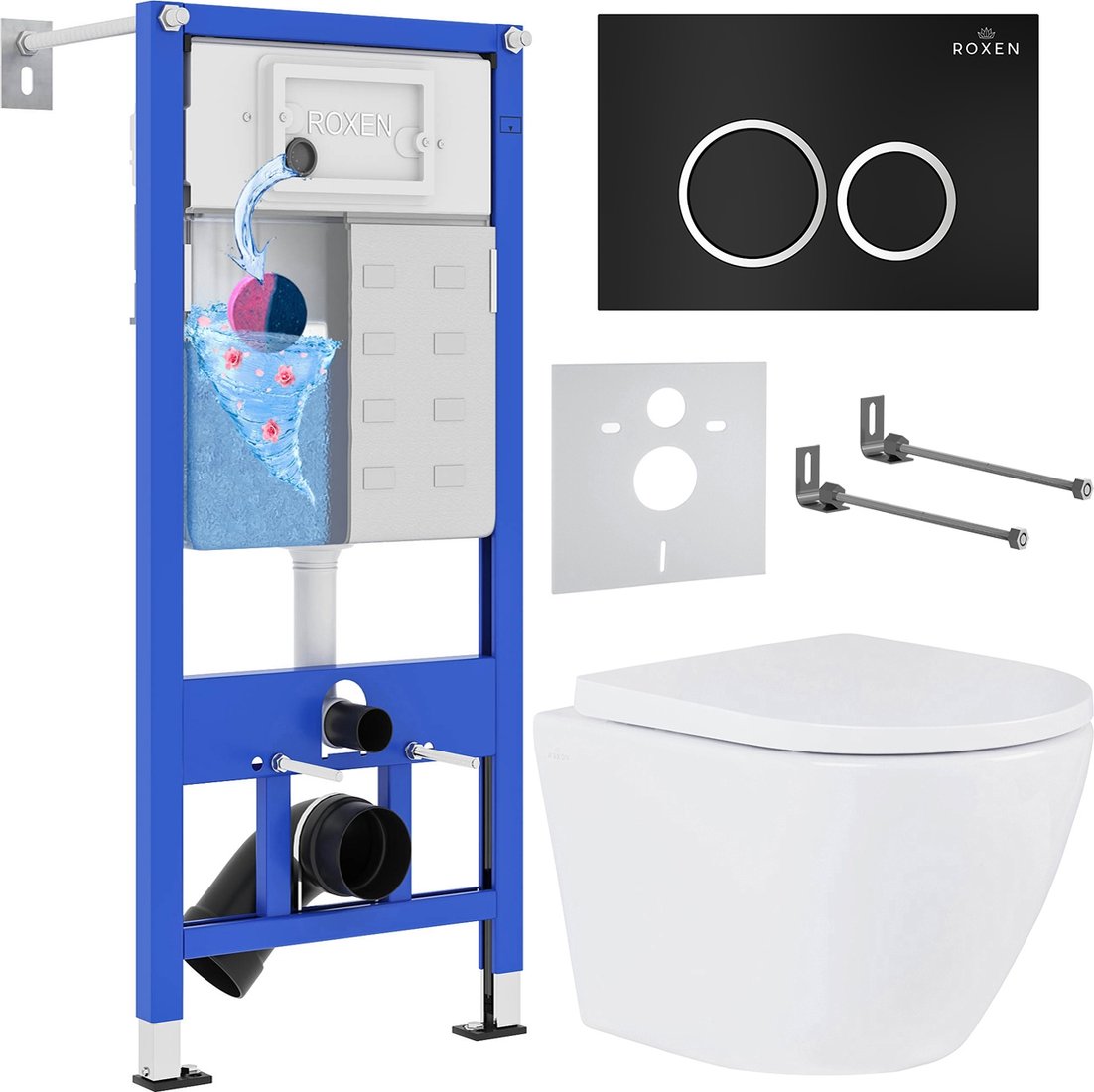 

Унитаз подвесной Roxen Antares One Rimless 6 в 1 StounFix Dual Fresh 506495 (кнпка: черный матовый)