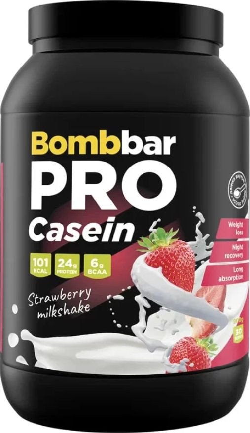 Казеин Bombbar Pro Casein (900 г, клубничный милкшейк)