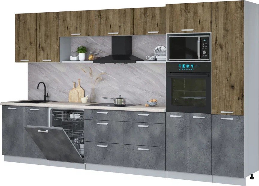 

Готовая кухня Интерлиния Мила Лайт 3.6-ПМ1 (дуб веллингтон/бетон портленд/травертин серый)