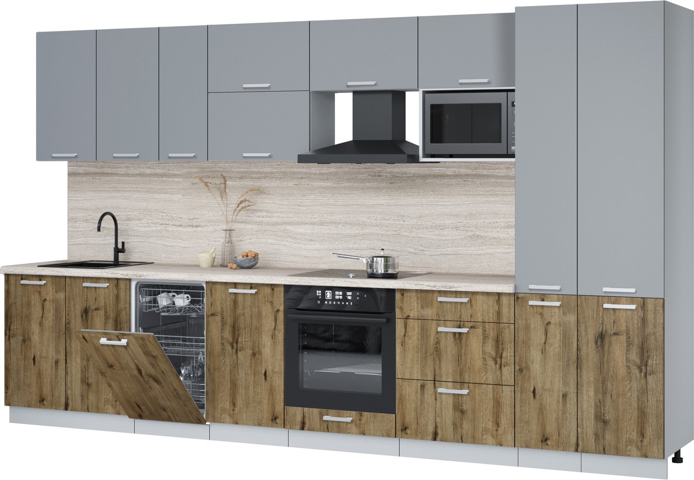 

Готовая кухня Интерлиния Мила Лайт 3.6-ПМ4 (серебро/дуб веллингтон/травертин серый)