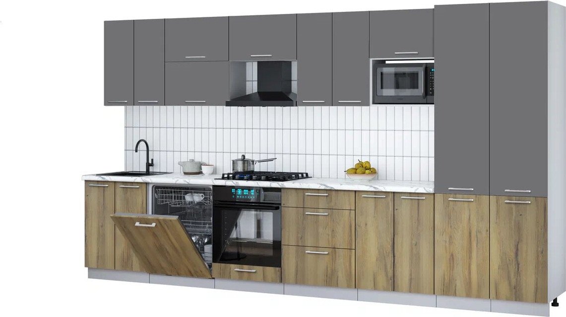 

Готовая кухня Интерлиния Мила Gloss 3.8-ПМ2 (дуб вотан/серый/белый гранит)