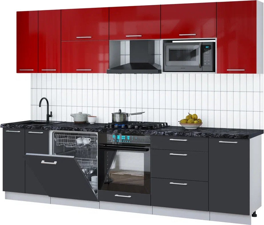 

Готовая кухня Интерлиния Мила Gloss 2.8-ПМ2 (пепел/красный глянец/кастилло темный)