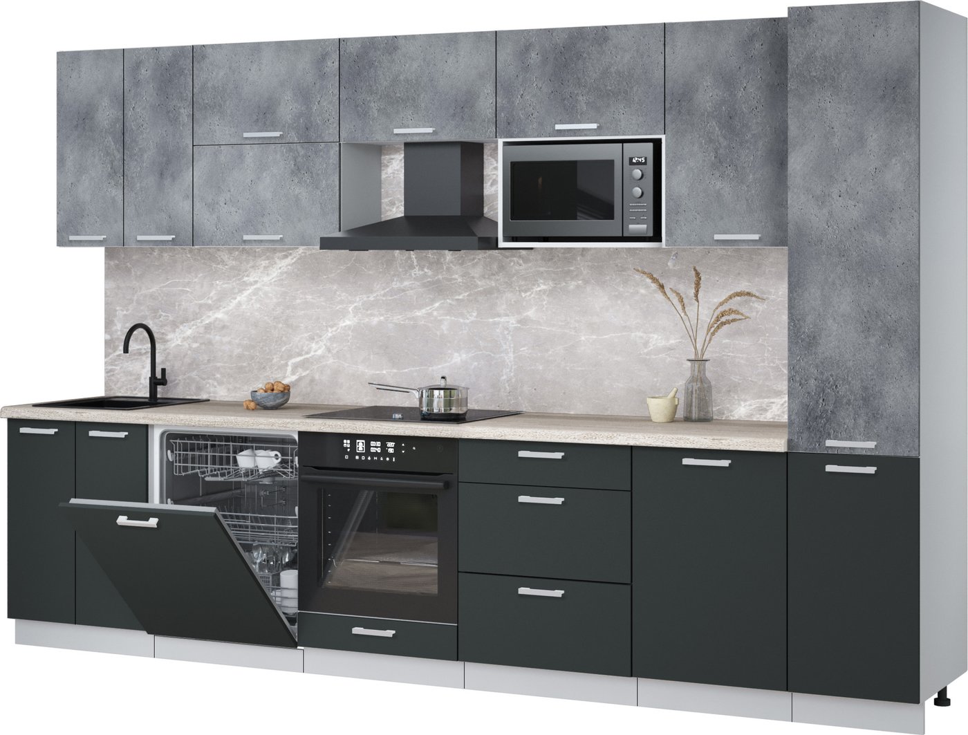 

Готовая кухня Интерлиния Мила Лайт 3.3-ПМ2 (бетон портленд/антрацит/травертин серый)