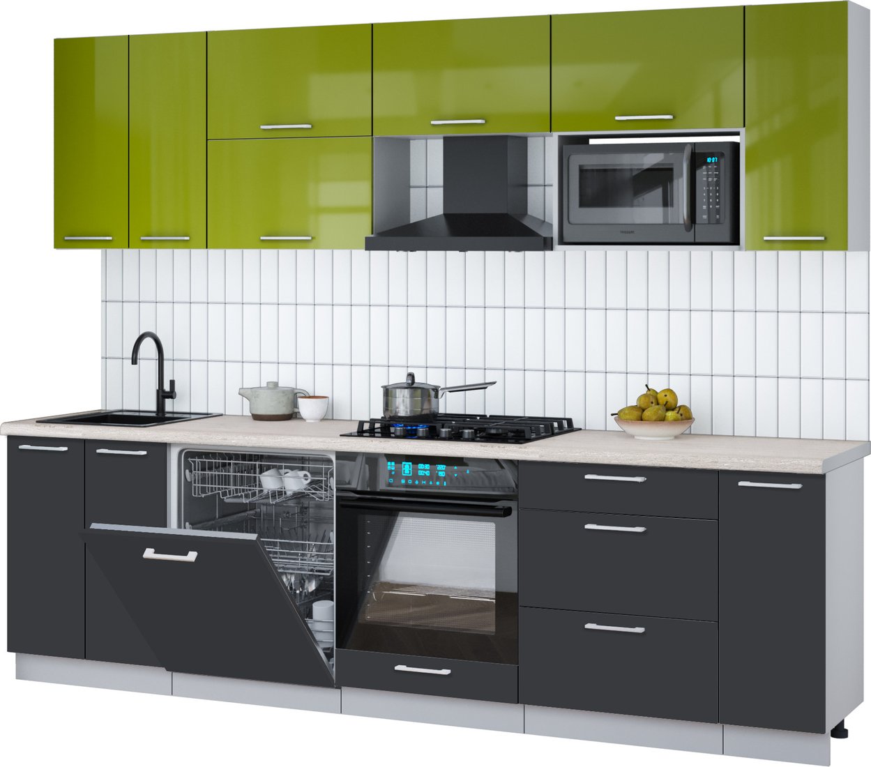 

Готовая кухня Интерлиния Мила Gloss 2.7-ПМ2 (пепел/яблоко глянец/травертин серый)