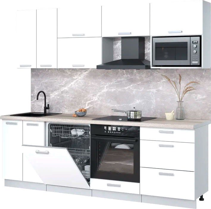 

Готовая кухня Интерлиния Мила Лайт 2.4-ПМ2 (белый платинум/белый платинум/травертин серый)