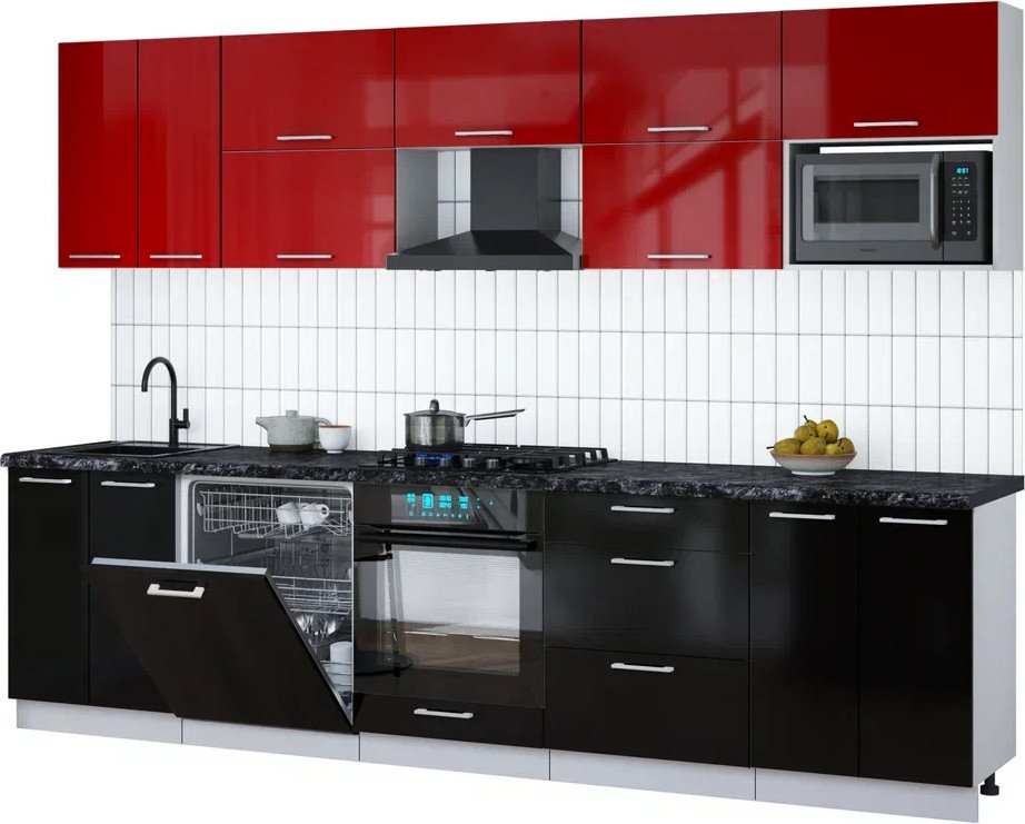 

Готовая кухня Интерлиния Мила Gloss 3.0-ПМ2 (черный глянец/красный глянец/кастилло темный)