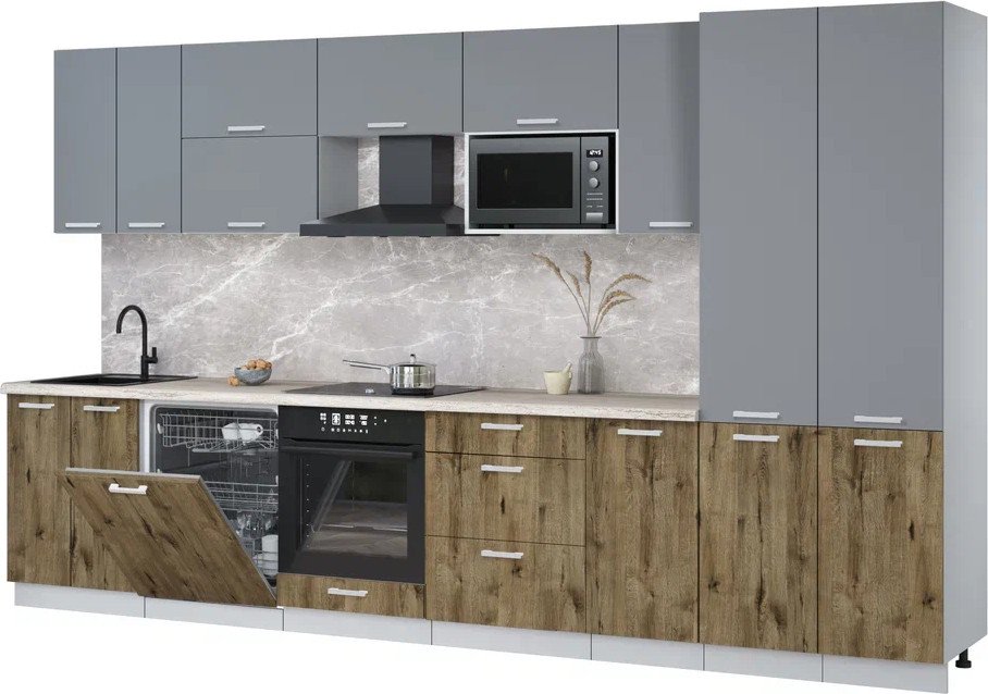 

Готовая кухня Интерлиния Мила Лайт 3.6-ПМ2 (серебро/дуб веллингтон/травертин серый)