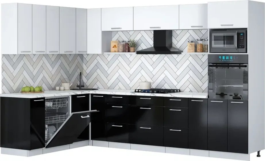 

Готовая кухня Интерлиния Мила Gloss 1.896х3.18 (черный глянец/белый/белый гранит)