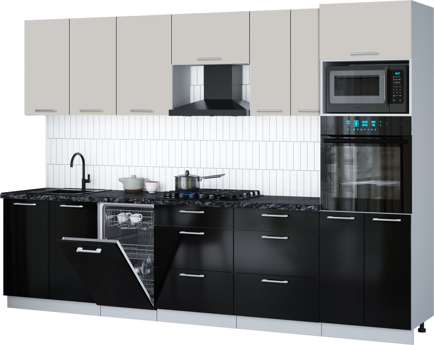 

Готовая кухня Интерлиния Мила Gloss 3.05-ПМ3 (черный глянец/кашемир/кастилло темный)