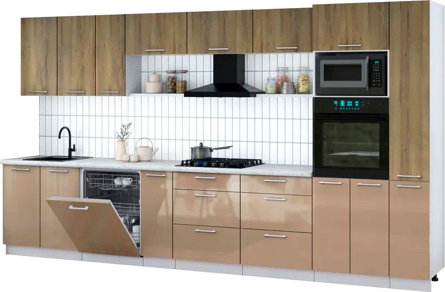 

Готовая кухня Интерлиния Мила Gloss 3.8-ПМ1 (капучино глянец/дуб вотан/серый каспий)