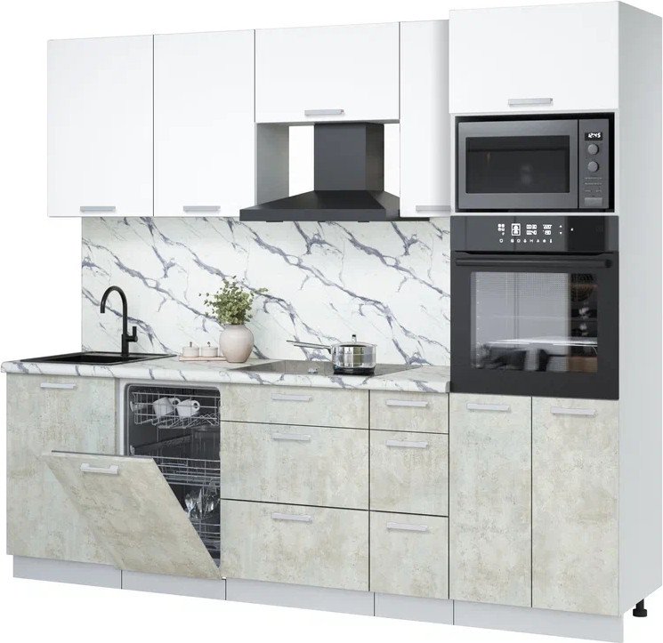 

Готовая кухня Интерлиния Мила Лайт 2.45-ПМ3 (белый платинум/бетон лайт/белый гранит)