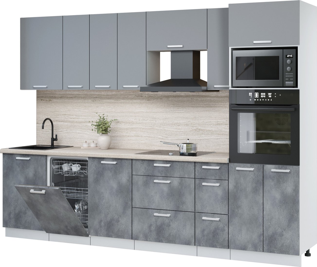 

Готовая кухня Интерлиния Мила Лайт 2.9-ПМ3 (серебро/бетон портленд/травертин серый)