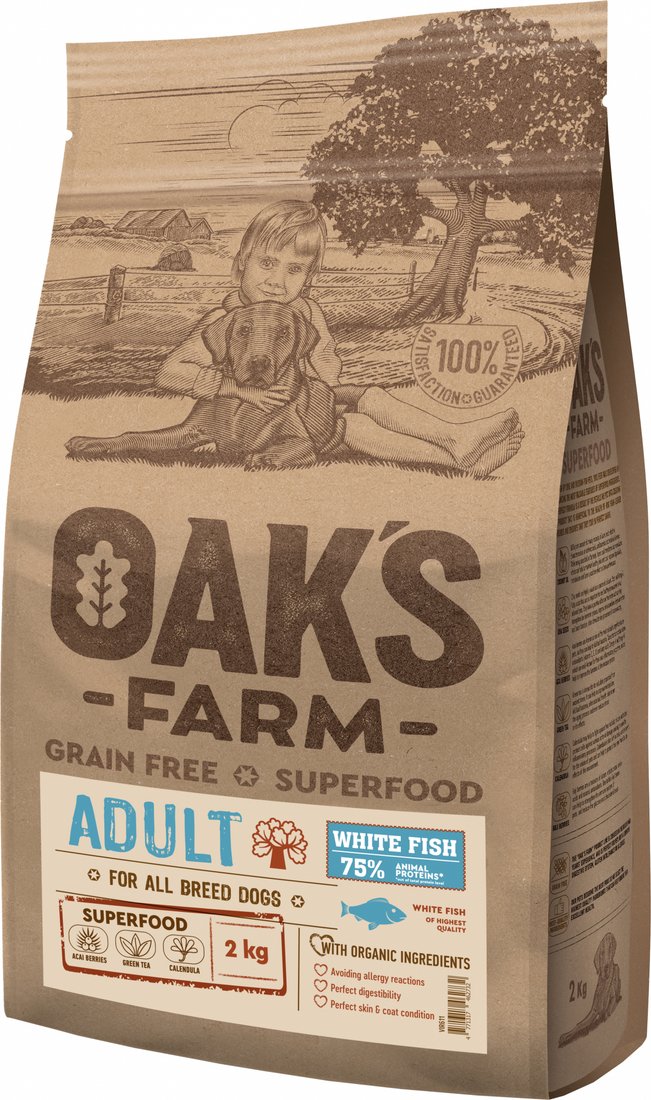 

Сухой корм для собак Oak's Farm Беззерновой для взрослых собак всех пород. Белая рыба (2 кг)