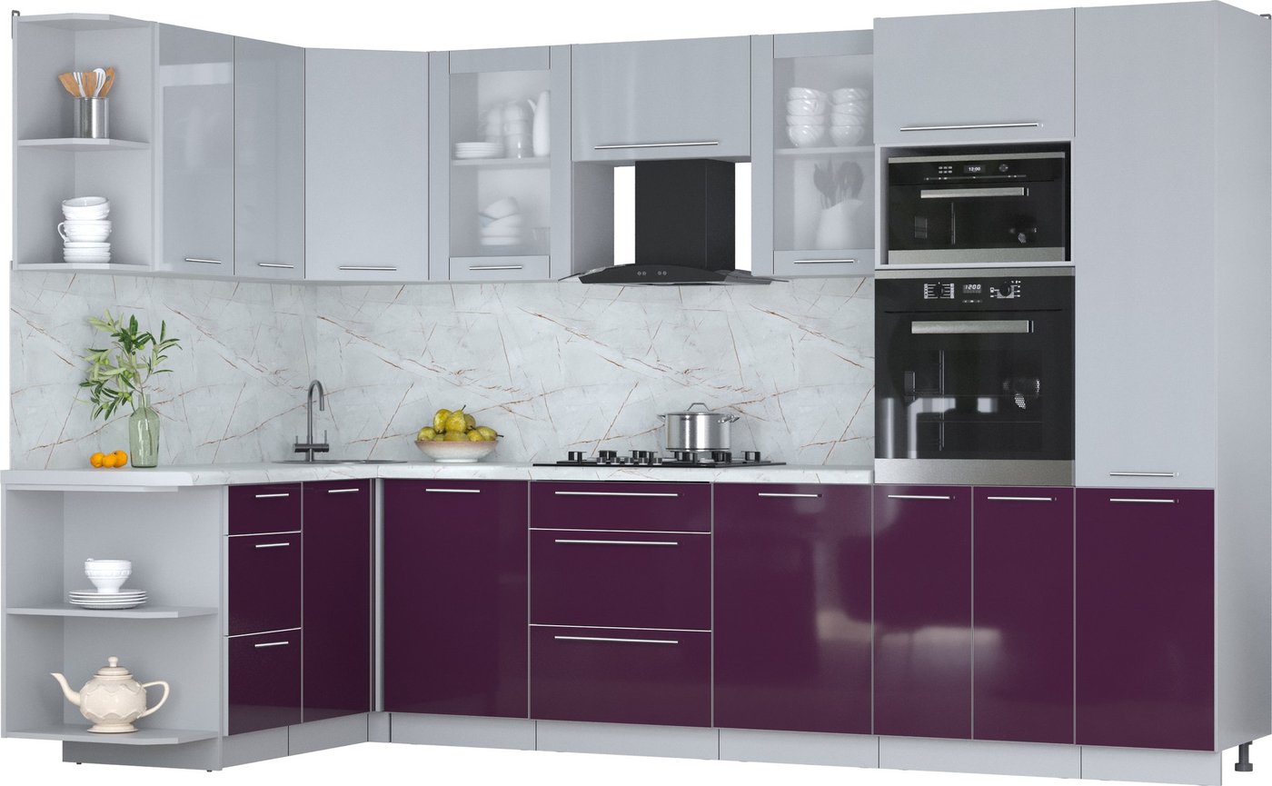 

Готовая кухня Интерлиния Мила Пластик 1.68x3.2 LV (туманный глянец/слива/серый каспий)