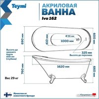 Ванна Teymi Iva 162x69x76 T130123 (черный матовый)