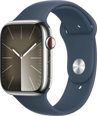 Apple Watch Series 9 LTE 41 мм (корпус из нержавеющей стали, серебристый/грозовой синий, спортивный силиконовый ремешок S/M)