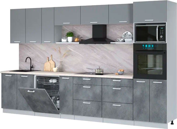 

Готовая кухня Интерлиния Мила Лайт 3.5-ПМ1-2 (серебро/бетон портленд/травертин серый)