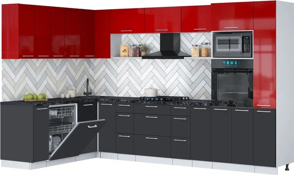 

Готовая кухня Интерлиния Мила Gloss 1.896х3.28 (пепел/красный глянец/кастилло темный)