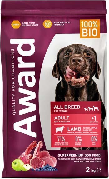 

Сухой корм для собак Award Adult All Breed для всех пород с ягненком, индейкой с добавлением яблока и черники 2 кг