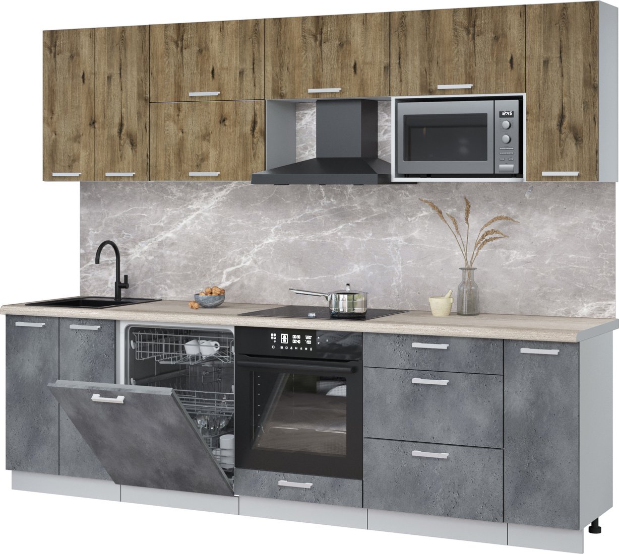 

Готовая кухня Интерлиния Мила Лайт 2.7-ПМ2 (дуб веллингтон/бетон портленд/травертин серый)