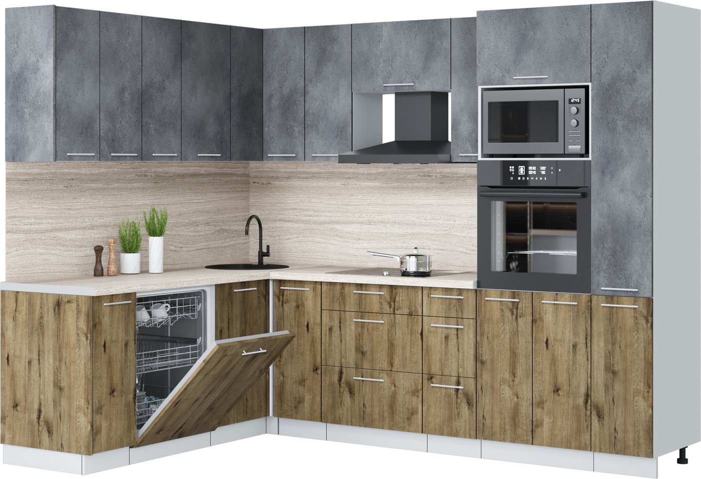 

Готовая кухня Интерлиния Мила Лайт 1.896х2.68 (бетон портленд/дуб веллингтон/травертин серый)