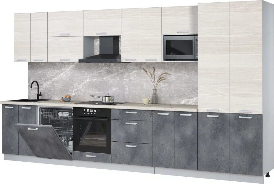 

Готовая кухня Интерлиния Мила Лайт 3.8-ПМ2 (вудлайн кремовый/бетон портленд/бискайская сосна)