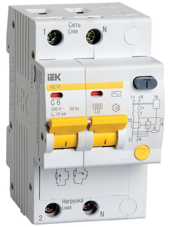 

Дифференциальный автомат IEK АД12 2P 6А 10мА тип AC MAD10-2-006-C-010