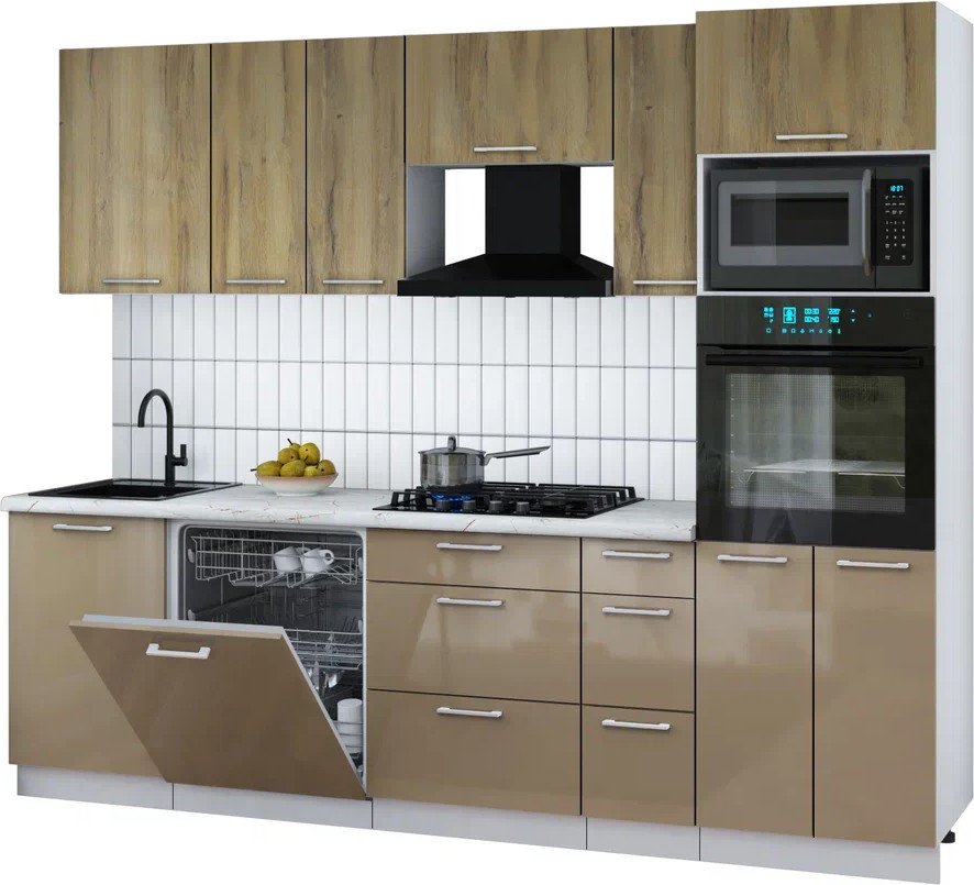 

Готовая кухня Интерлиния Мила Gloss 2.6-ПМ1 (капучино глянец/дуб вотан/серый каспий)