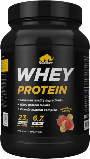 

Протеин сывороточный (концентрат) Prime Kraft Whey Protein с витаминами и минералами (900г, клубника/банан)