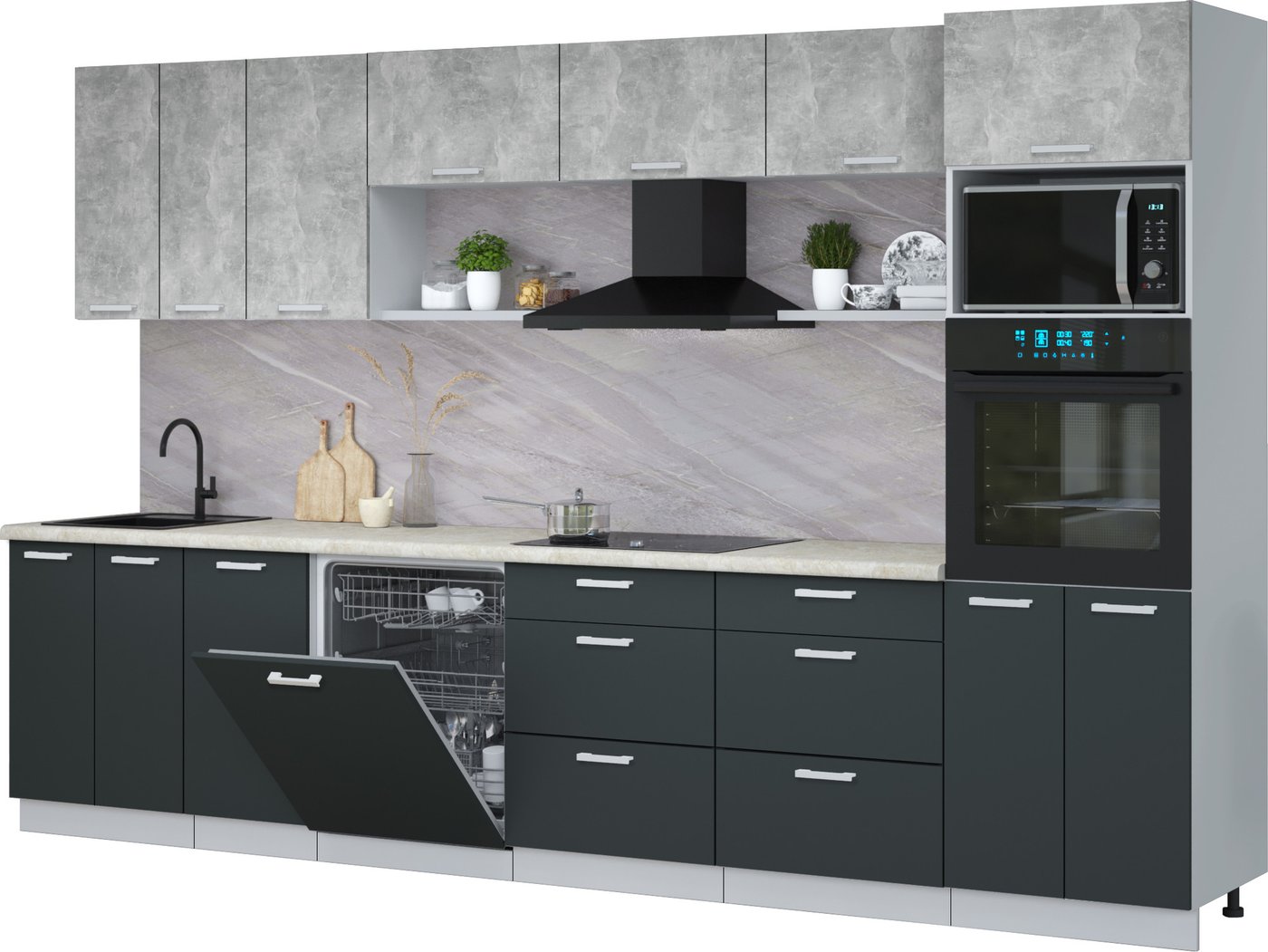 

Готовая кухня Интерлиния Мила Лайт 3.4-ПМ1-2 (бетон/антрацит/опал светлый)