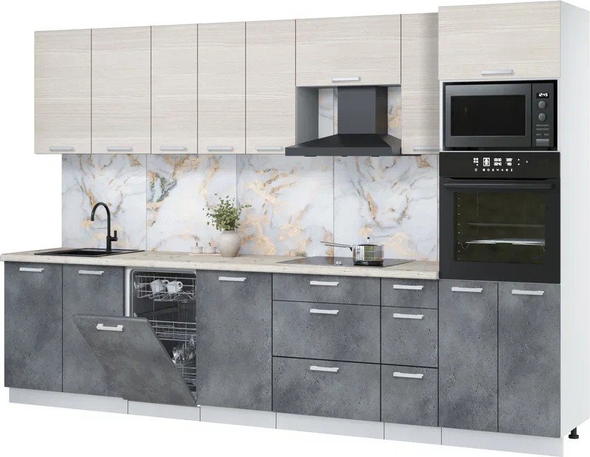 

Готовая кухня Интерлиния Мила Лайт 3.2-ПМ3 (вудлайн кремовый/бетон портленд/бискайская сосна)