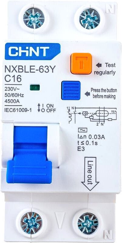 

Дифференциальный автомат Chint NXBLE-63Y 1P+N 16A 30mA AС С 4.5kA