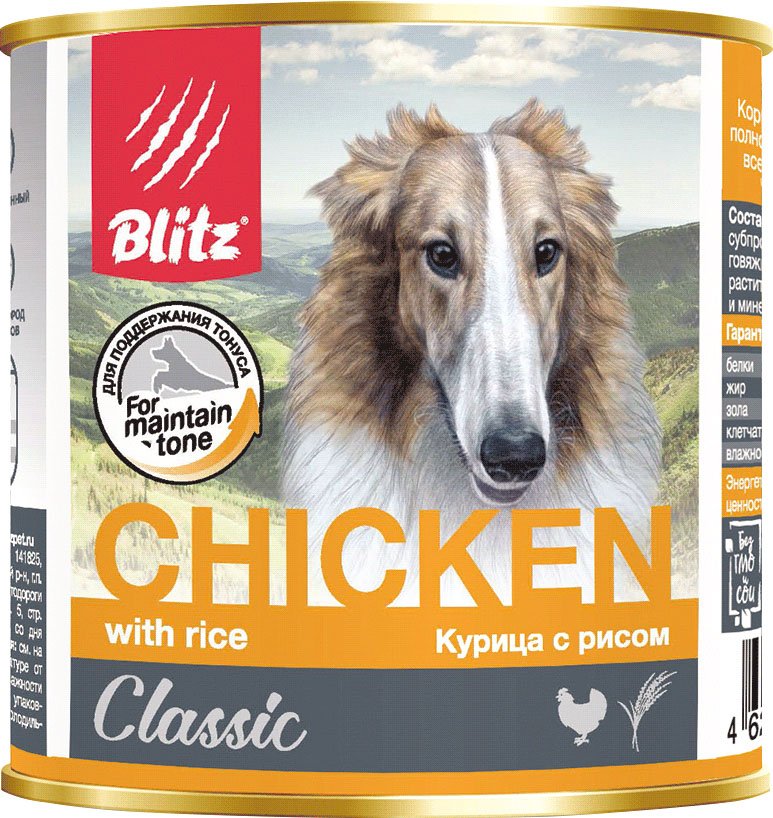 

Консервированный корм для собак Blitz Classic Курица с рисом 0.4 кг