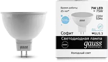 

Светодиодная лампочка Gauss Elementary MR16 GU5.3 7W 6500K 13537