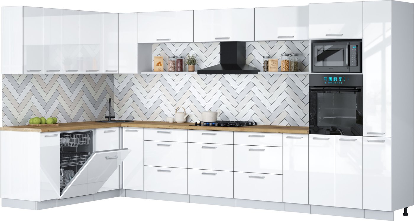 Готовая кухня Интерлиния Мила Gloss 1.896х3.88 (белый глянец/белый глянец/дуб бунратти)