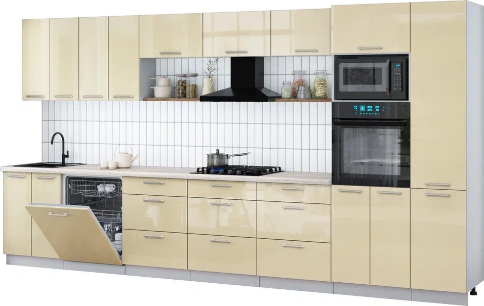 

Готовая кухня Интерлиния Мила Gloss 4.0-ПМ1 (ваниль глянец/ваниль глянец/травертин серый)