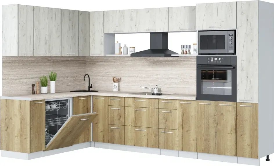 

Готовая кухня Интерлиния Мила Лайт 1.896х3.28 ( дуб белый/дуб золотой/травертин серый)