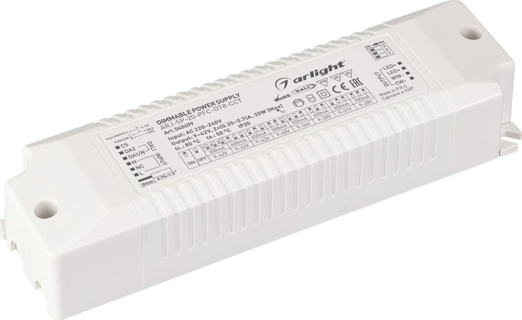 

Блок питания Arlight ARJ-SP-20-PFC-DT8-ССT (20W. 9-42V. 0.35-0.7А) 040499