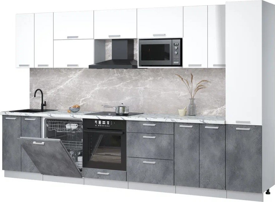 

Готовая кухня Интерлиния Мила Лайт 3.4-ПМ2 (белый платинум/бетон портленд/белый гранит)