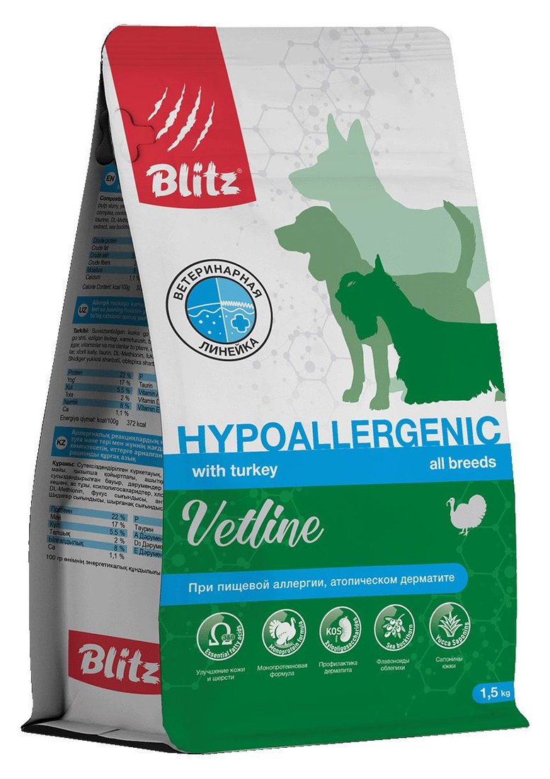 

Сухой корм для собак Blitz Pets Vetline Hypoallergenic с индейкой 4306В (500 г)