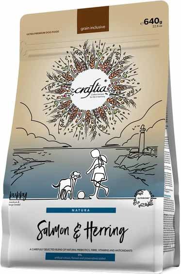

Сухой корм для собак Craftia Natura для щенков средних и крупных пород с лососем и сельдью (640г)