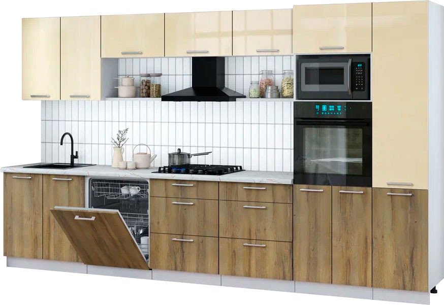 

Готовая кухня Интерлиния Мила Gloss 3.6-ПМ1 (дуб вотан/ваниль глянец/серый каспий)