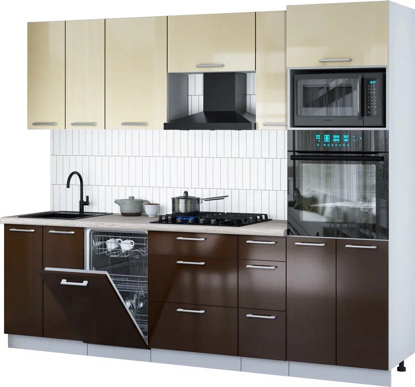 

Готовая кухня Интерлиния Мила Gloss 2.55-ПМ3 (шоколад глянец/ваниль глянец/травертин серый)