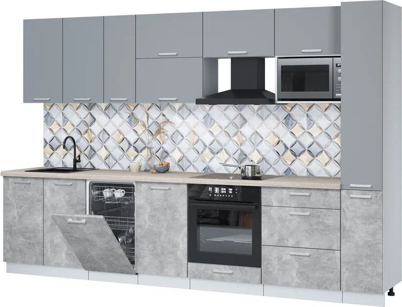 

Готовая кухня Интерлиния Мила Лайт 3.2-ПМ4 (серебро/бетон/травертин серый)