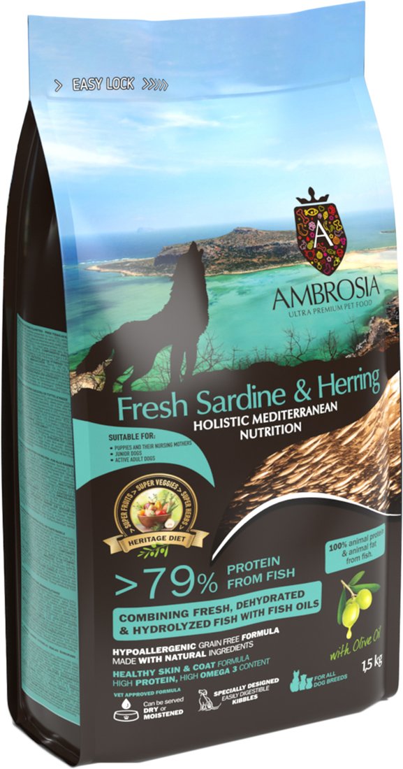 

Сухой корм для собак Ambrosia Mediterranean Puppy & Growth All Breeds Fresh Sardine & Herring (для щенков и молодых собак с сардиной и сельдью) 1.5 кг