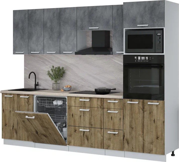 

Готовая кухня Интерлиния Мила Лайт 2.7-ПМ1 (бетон портленд/дуб веллингтон/травертин серый)