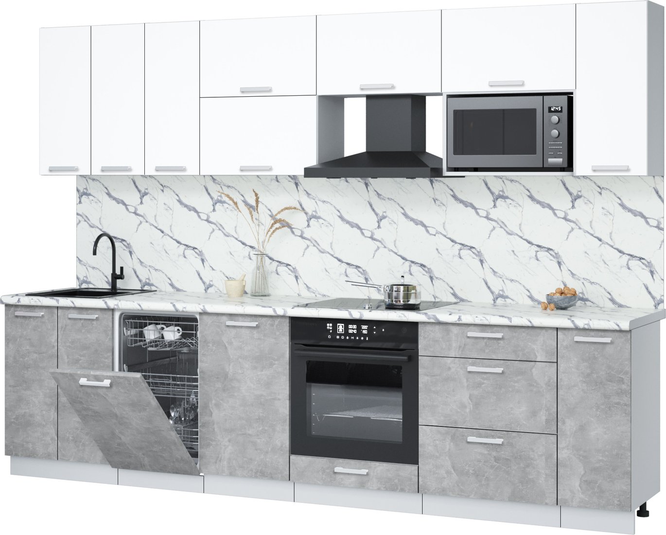 

Готовая кухня Интерлиния Мила Лайт 3.0-ПМ4 (белый платинум/бетон/белый гранит)