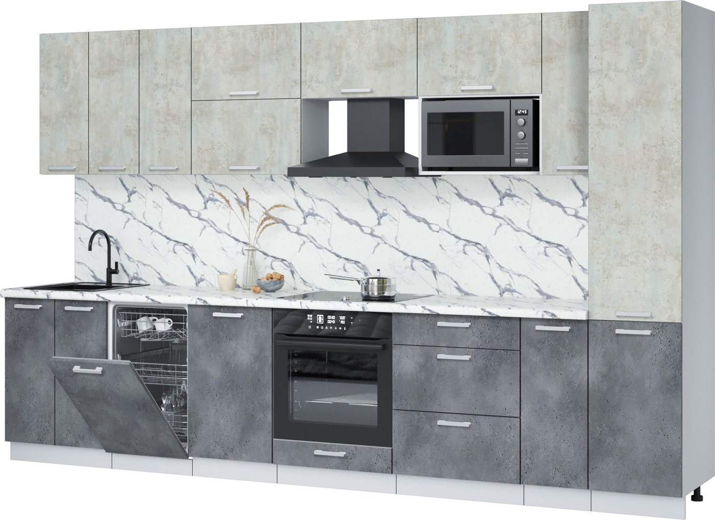 

Готовая кухня Интерлиния Мила Лайт 3.4-ПМ4 (бетон лайт/бетон портленд/белый гранит)