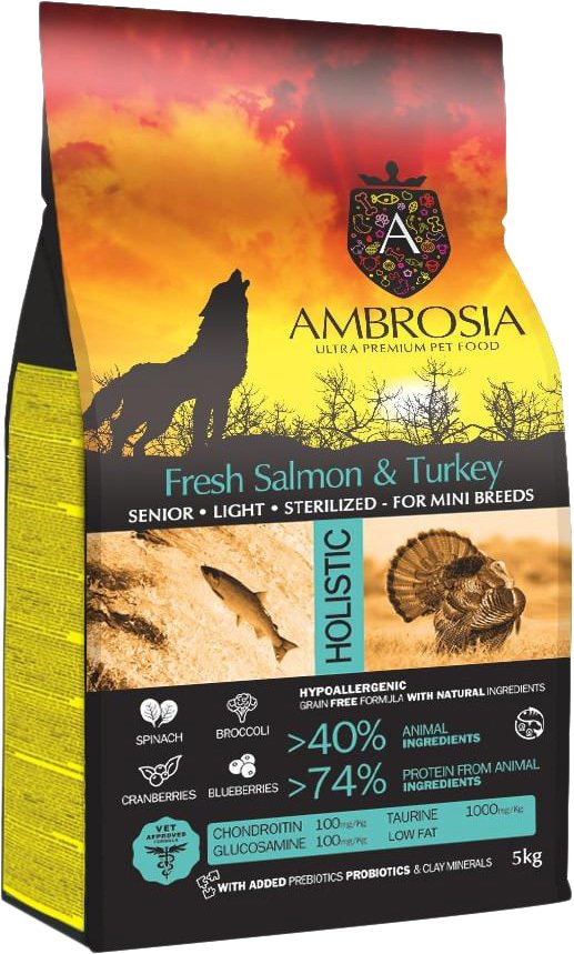 

Сухой корм для собак Ambrosia Senior & Sterilized Mini Breeds Fresh Salmon & Turkey (для пожилых, стерилизованных мини-пород с лососем и индейкой) 5 кг